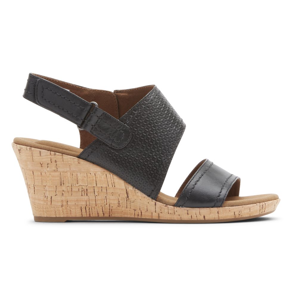 Rockport Women's Briah Asymmetrical 2-Piece Wedges Sandals - Black - USA (3045XSCQM)